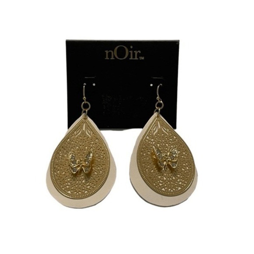 Noir Butterfly Statement‎ Earrings 14K Gold Plated Brass CZ Dangle Pierced